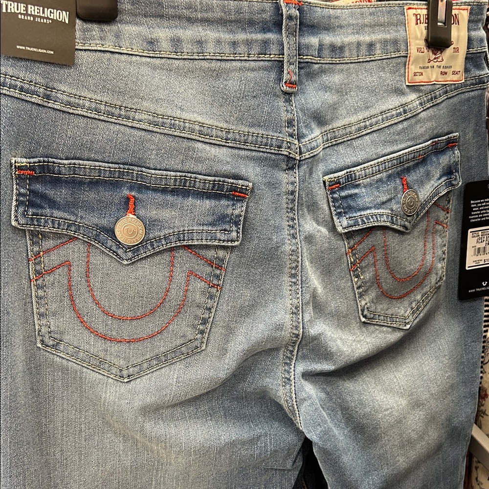 True Religion women Light Blue Denim Jeans with Red Stitching